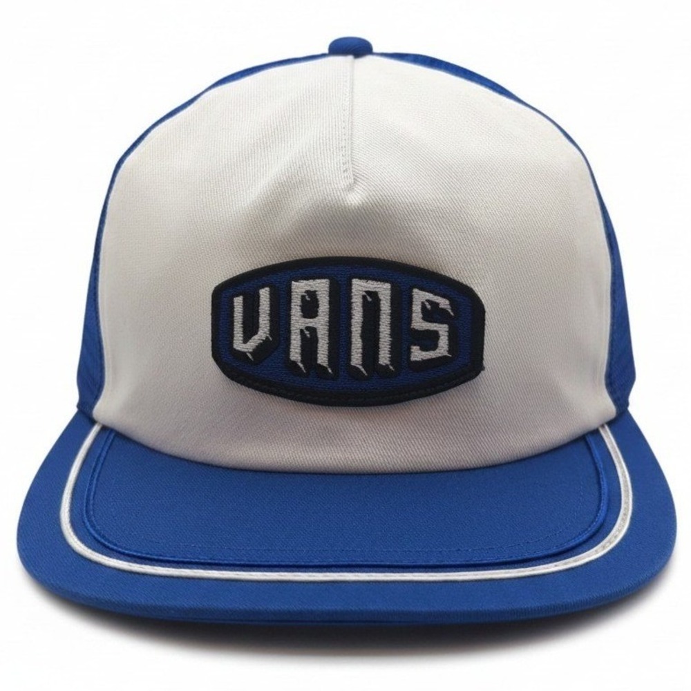 Vans Off The Wall Blue White Trucker Hat Snapback Mesh Logo Patch NWOT